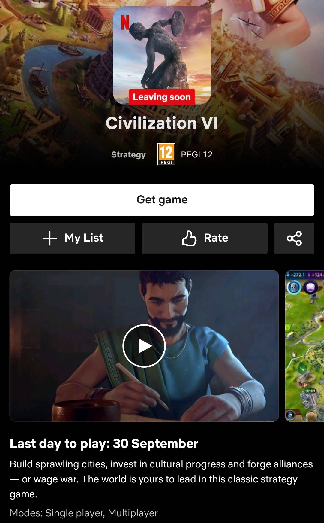 Civilization VI Leaving Netflix Games Notice